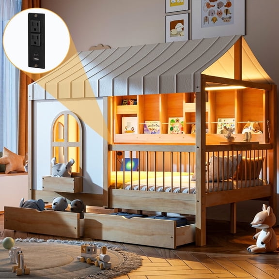 Mirightone Full Size House Bed with Storage, Montessori House Bed Frame with Drawers, Bookcase, Light & Charging Station, Pine Wood, Natural
