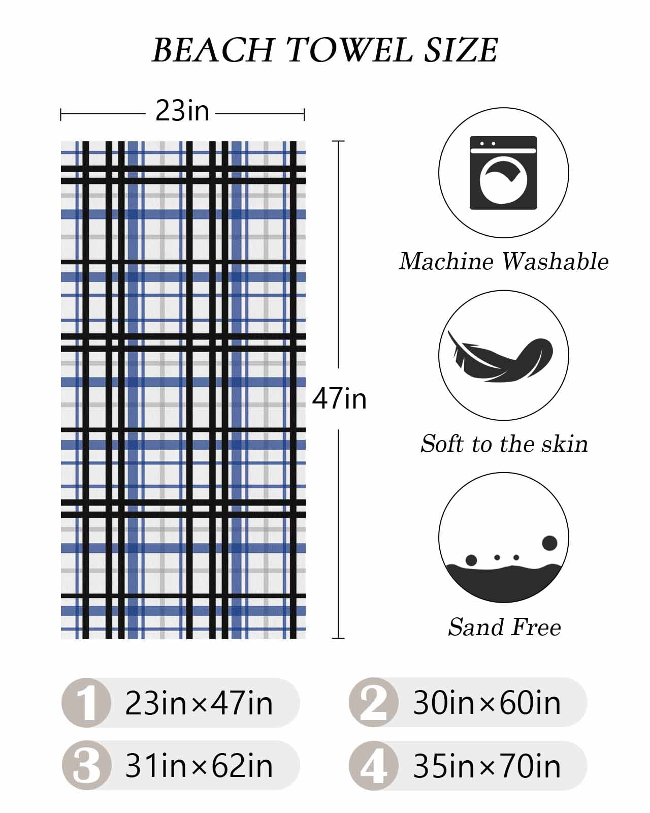 Blue Black Plaid Beach Towels Oversized Super Absorbent, Farmhouse Blue Black Checkered Lightweight Bath Towel Quick Dry Sets For Bathroom/Pool/Rv Camping/Beach Play/Gym Room/Picnic 30"x60"