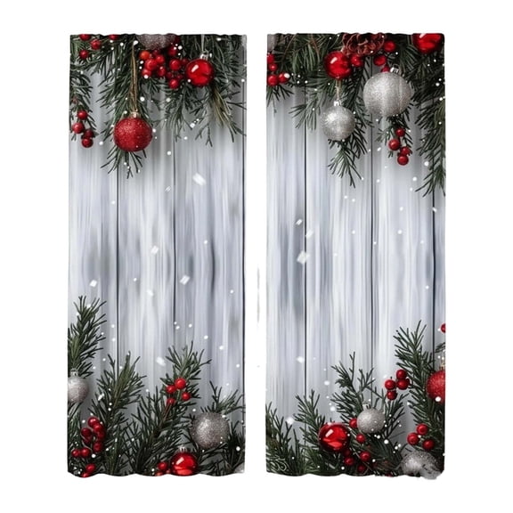 2 Pcs Christmas Holiday Printed Curtains Red Bauble Pine Branch Window Drapes Sheer Rod Pocket Washable For Living Room Party Decoration(Green-75x166cm)