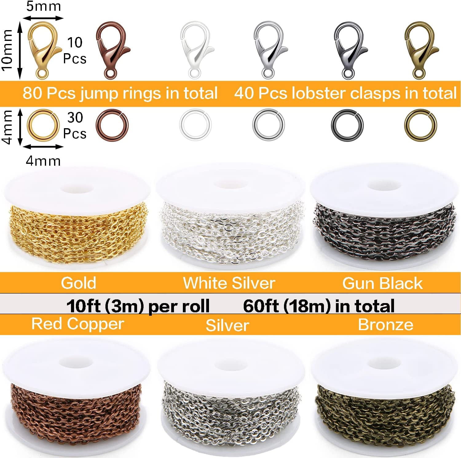 70Ft Jewelry Making Chains, 7 Colors 2mm Stainless Necklace Chains for Jewelry  Making, Metal Chains Kit with 210Pcs Jump Rings and 70Pcs Lobster Clasps  for DIY Jewelry Necklace Bracelet Anklet Making