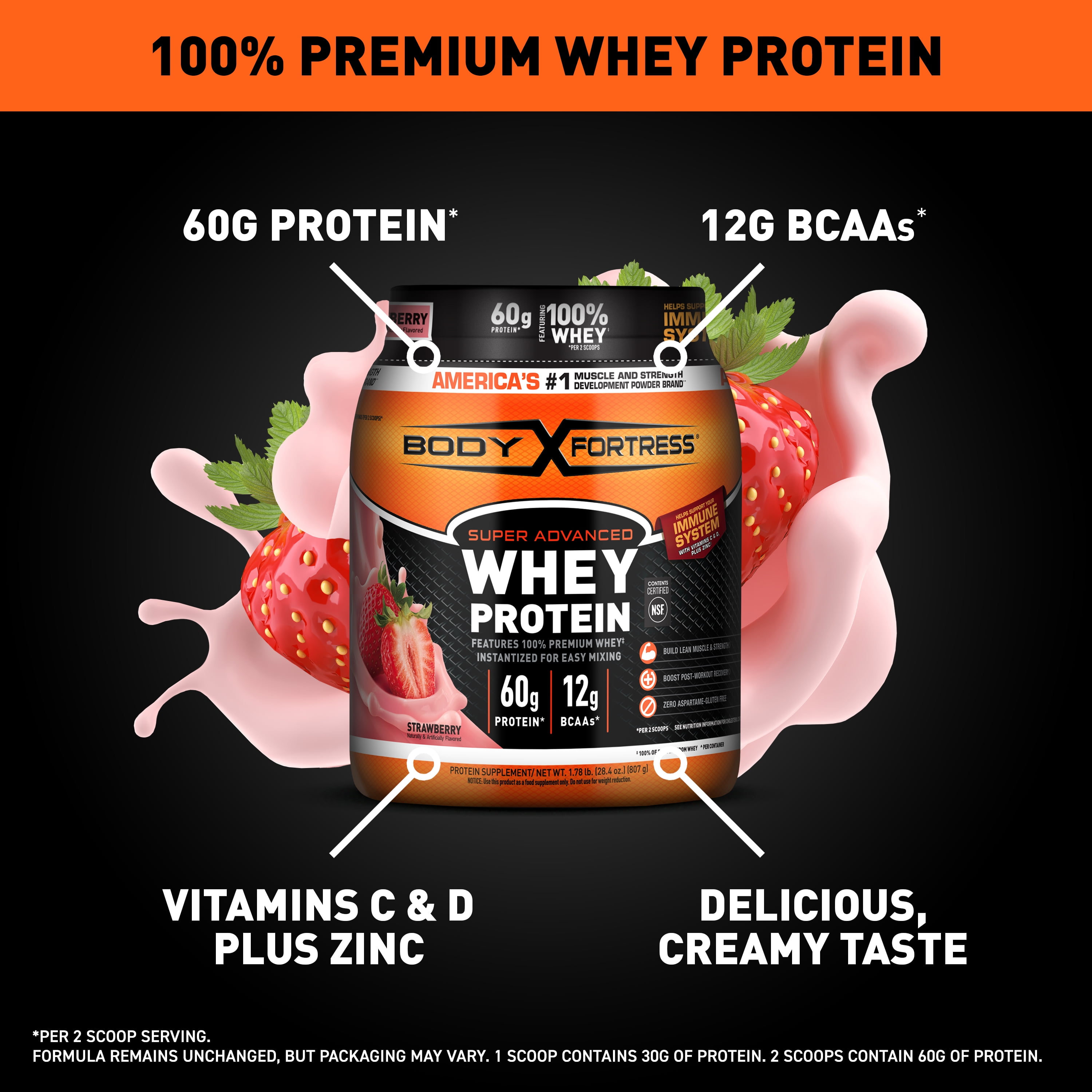 Body Fortress Super Advanced 100% Premium Whey Protein Powder, Strawberry, 60g Protein, Immune Support , Vitamins C & D Plus Zinc, 1.78 lbs