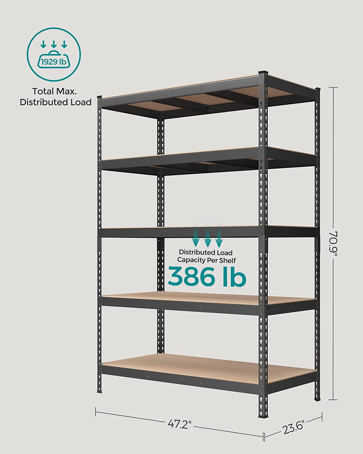 5-Tier Storage Shelves Metal Garage Storage, Boltless Assembly Adjustable Shelving Unit, 17.7 x 35.4 x 70.9 Inches, Load 1929 lb, for Shed Warehouse Basement Kitchen Gray