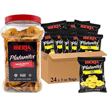 Iberia Plantain Chips Jar Naturally Sweet Maduritos, (1.75 Lb) + Iberia Garlic Plantain Chips 3 Ounce (Pack Of 24)