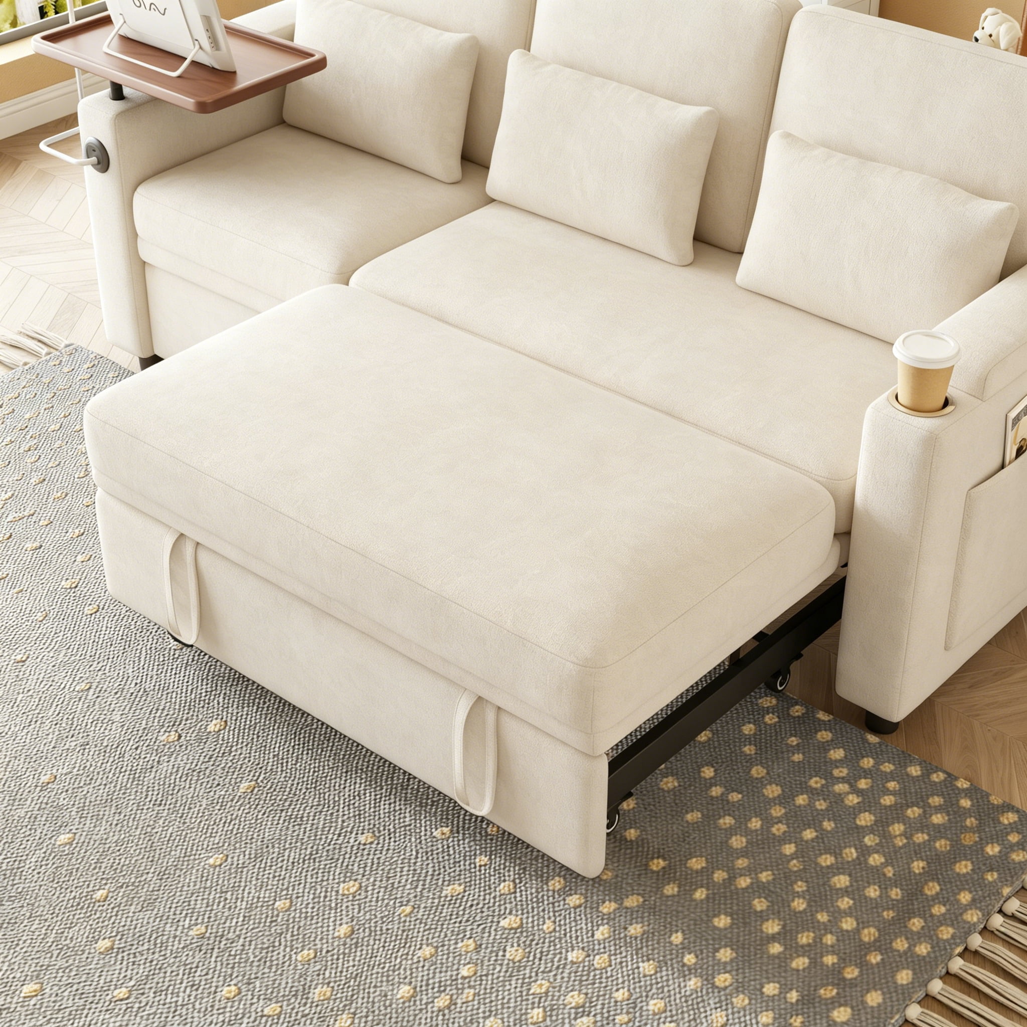 ShiKeyi 83" 3-in-1 Convertible Sofa Bed, Chenille 3 Seater Couch with Adjustable Backrest, USB Ports, Storage Armrests & Fold-Down Table, Off White