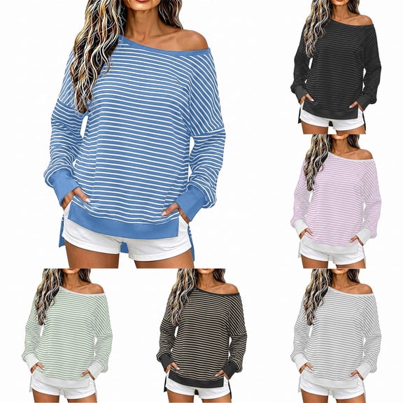 Tumotour Off The Shoulder Sweatshirts for Women's Plus Size Striped Sport Long Sleeve Pullover Tops Fall Tunic Blouses