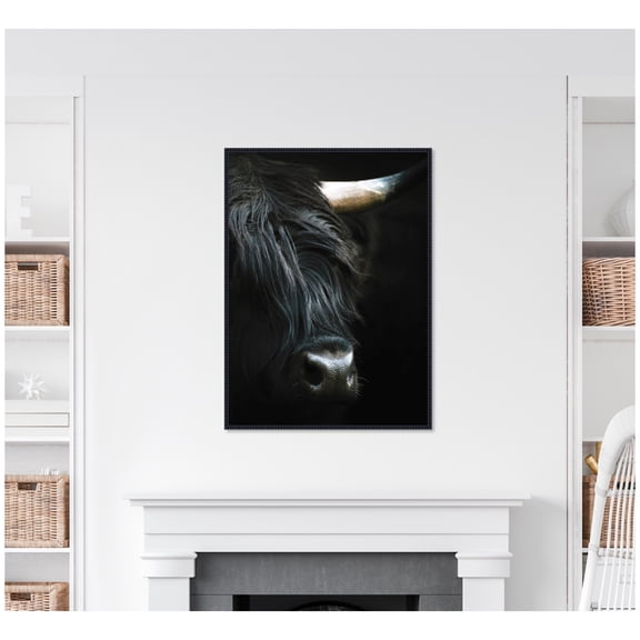 Kate and Laurel Framed Canvas Wall Art Print Minimalist Black Highland Cow VERTICAL CROP by Michael Schauer, 28 x 38 Sylvie Beaded Black Frame, Modern Contemporary, Animal Art for Wall Decor