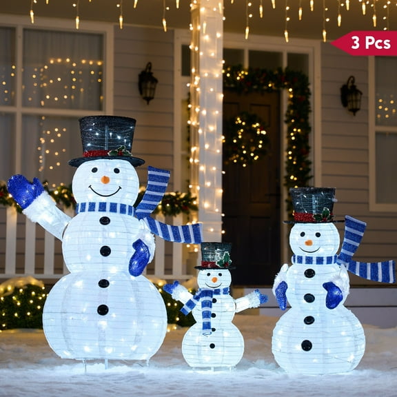 Joyfy 3 Pcs Collapsible Snowman Yard Light Christmas Outdoor Decorations,3D 270 Pre-Lit LED Snowman Christmas Decorations,Christmas Yard Light with Stakes Holiday Decor