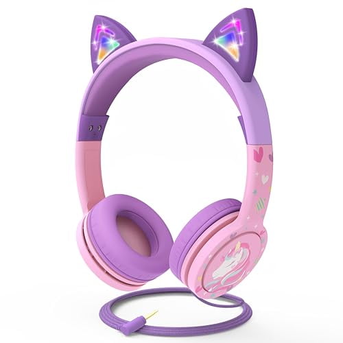 FosPower Auriculares para niños con orejas de gato LED (límite de volumen seguro de 85 dB), auriculares supraaurales con cable suaves de 3,5 mm con cables sin enredos para iPad/tableta/escuela/viajes