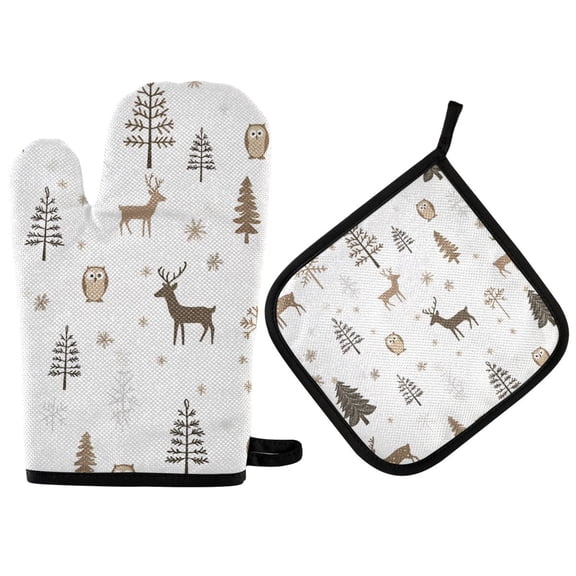Yayeee Oven Mitts and Pot Holder Set of 2 Heat Resistant Kitchen Gloves Baking Hot Pad, Christmas Forest