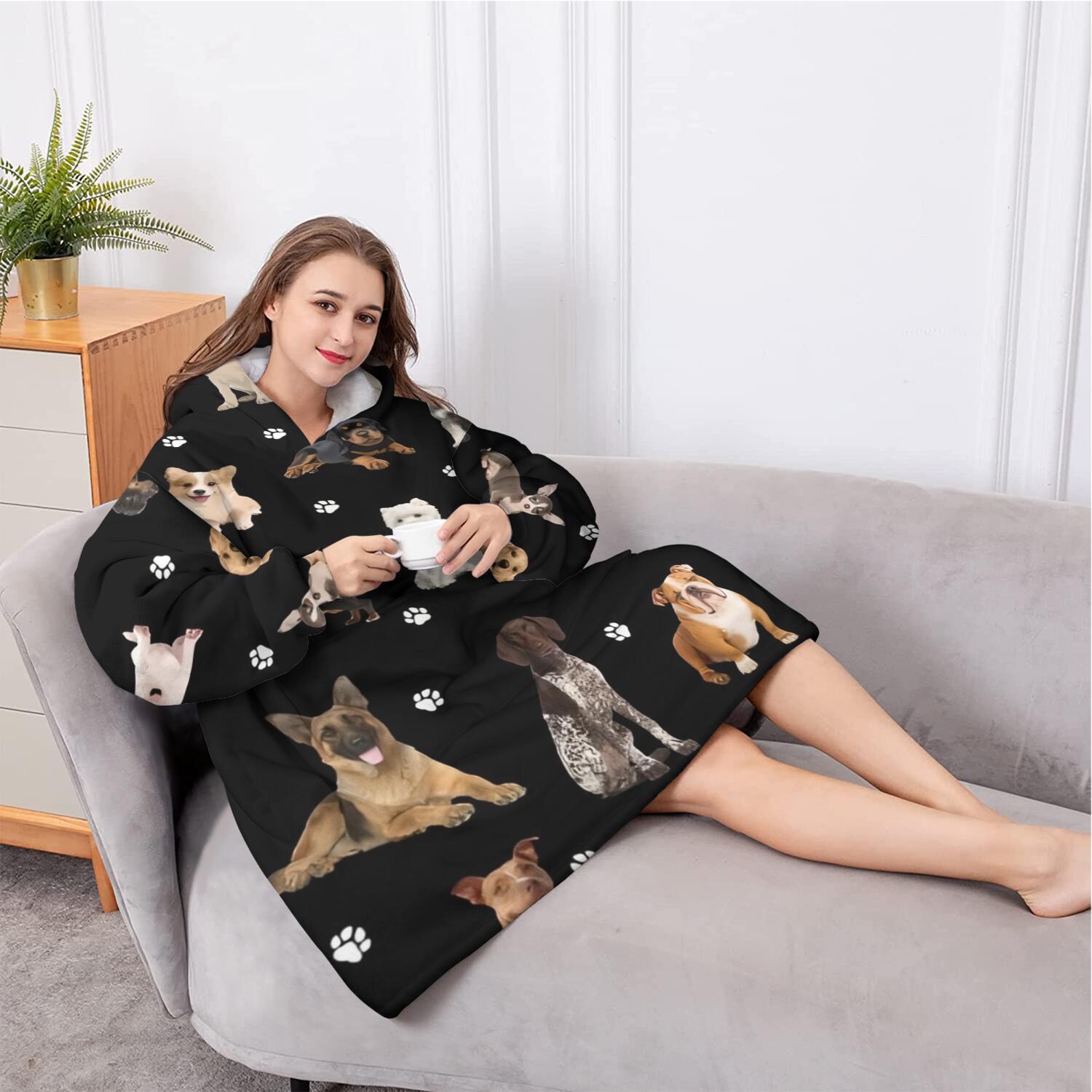 Oversized Wearable Blanket Hoodie,Dog Breeds Sherpa Blanket Hoodie with Super Pockets,Super Warm Fuzzy Pullover for Women & Men