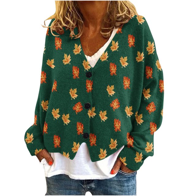 Puntoco Chaqueta De Punto Informal Con Estampado De Hojas Para Mujer, Chaqueta Con Botones, Abrigo De Felpa, Para Otoño E Invierno