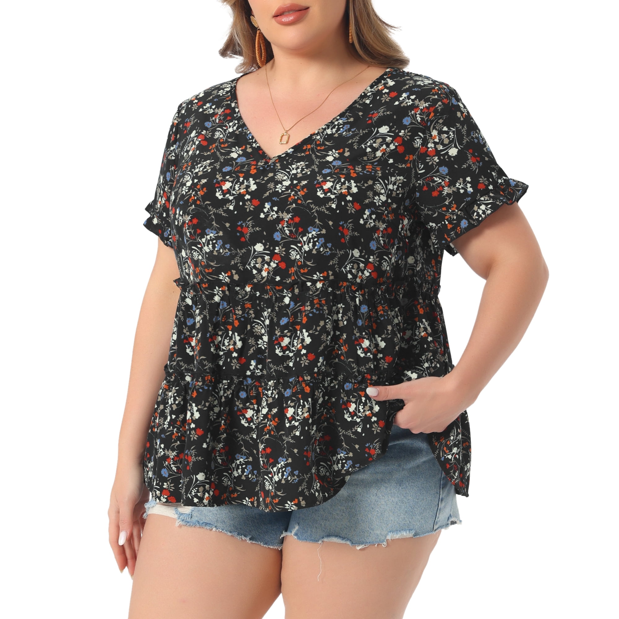DARING DIVA Women's Plus Size V Neck Short Sleeve Floral Babydoll Blouse 4X Black White