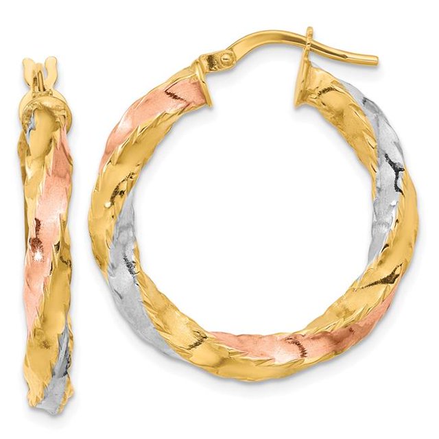 Quality Gold TF2089 14K Yellow & Rhodium with Rose & White Rhodium Polished Twisted Hoop Earrings