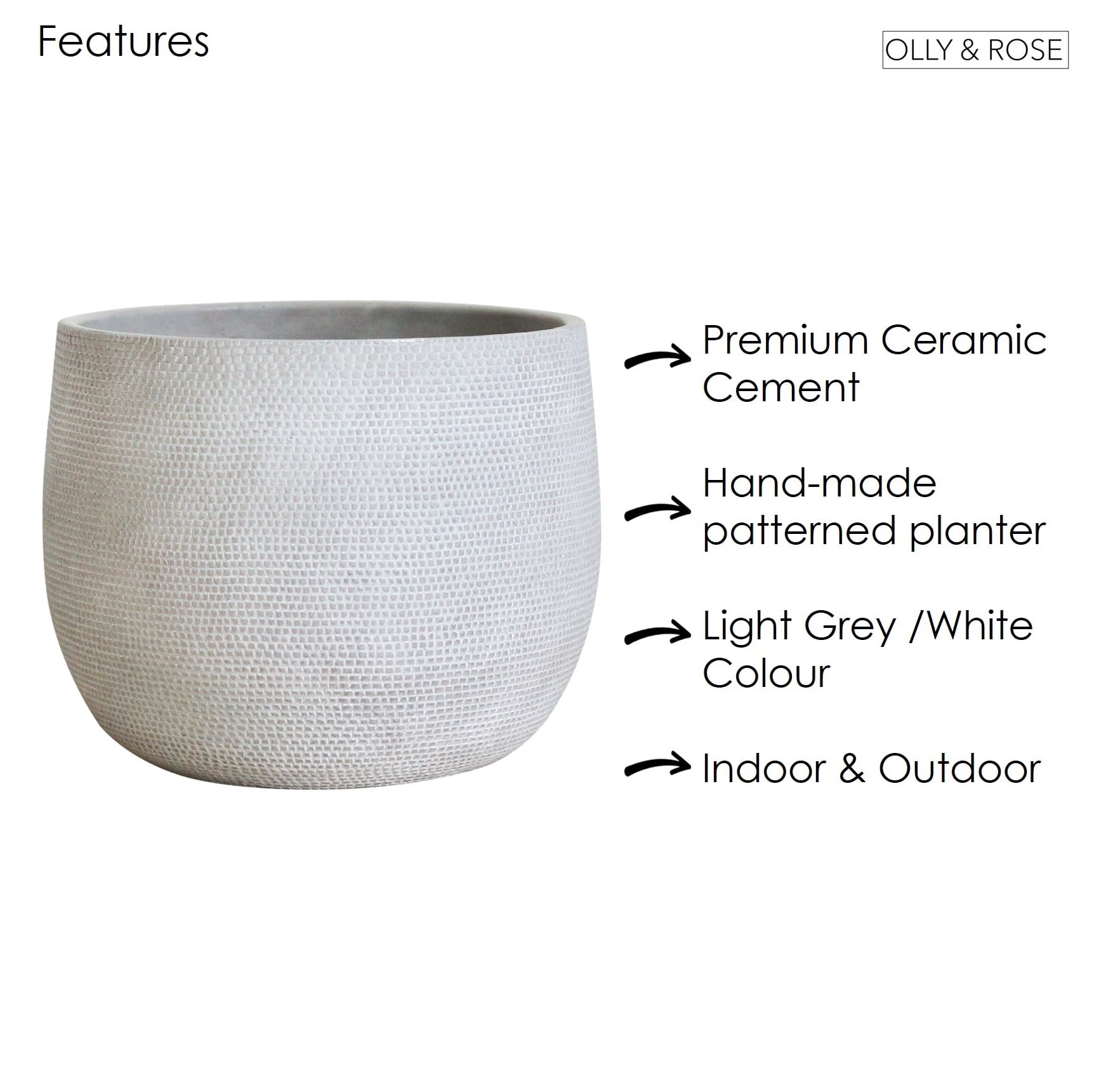 Olly & Rose Ceramic Plant Pot Large 10 inch Off White Flower Pots Indoor Outdoor Planters Gray