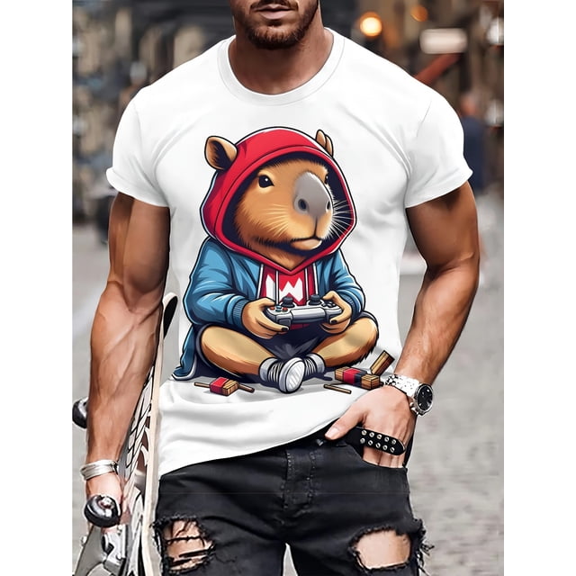 Digital Print 3D T-Shirt Men's Funny Gaming Capybara 3D Print T-Shirt, Casual Crew Neck Short Sleeve Tee, Summer Soft Comfortable Knit Fabric Top, 100% Cotton, Regular Fit