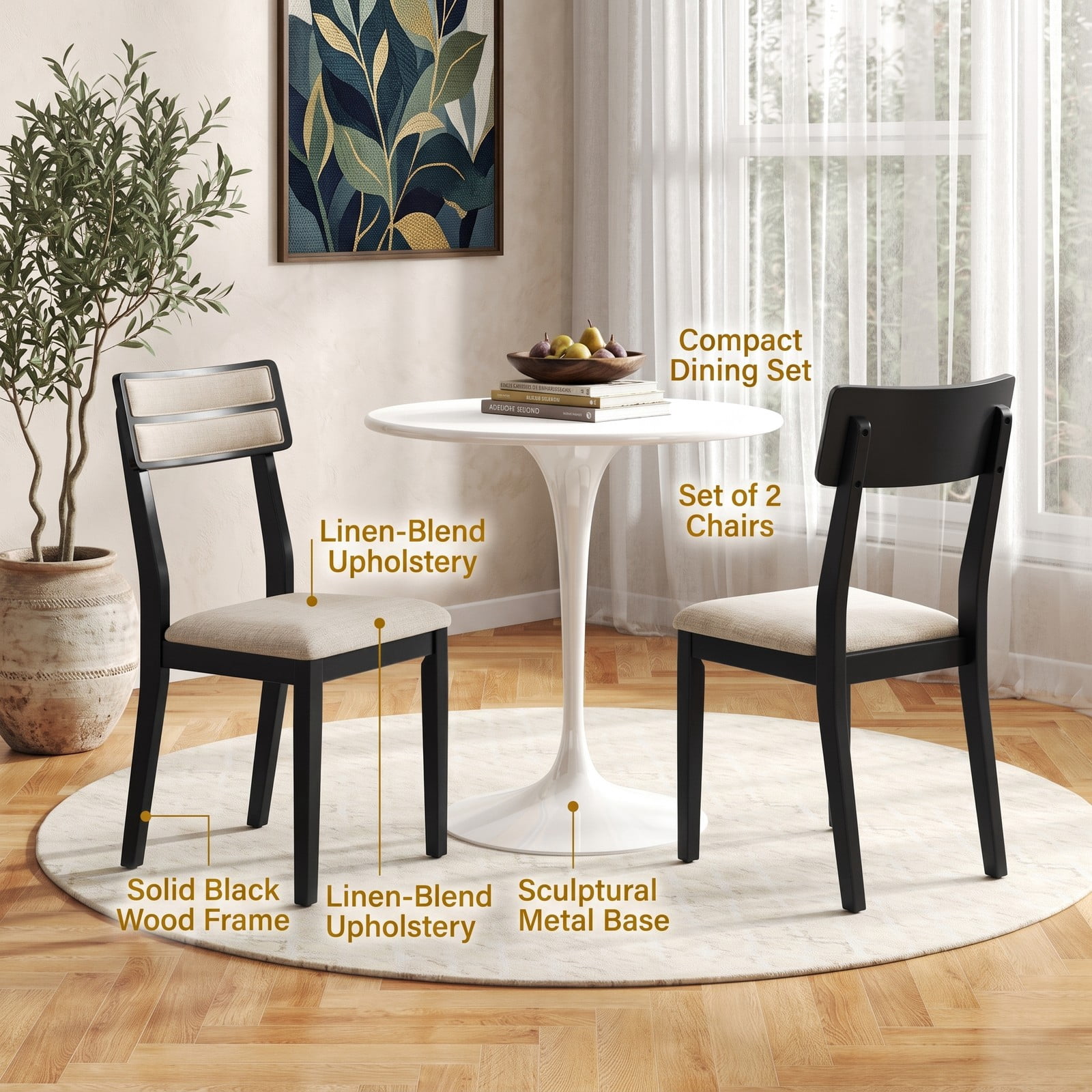 Furnibear Modern Dining Chairs Set of 2, Upholstered Linen-Feel Fabric Kitchen Chairs with Tilt Backrest and Solid Rubber Wood Legs, Padded Accent Side Chairs, Black