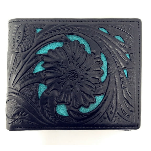 Texas West Mens Genuine Leather Short Bi-fold Wallet Tooled Floral Leaves In Multi colors