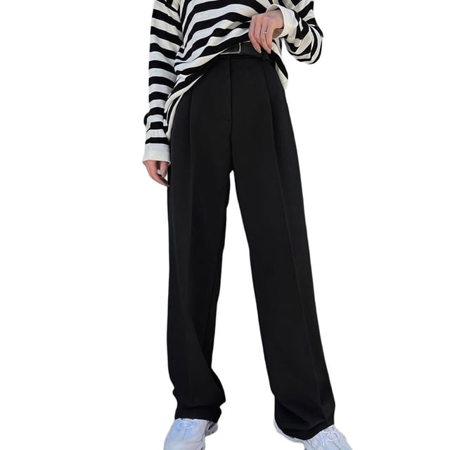 Pantalones de Traje de Pierna para Mujer, Pantalones Largos Informales de Negocios con Cintura Holgada y Corte Holgado Negro S
