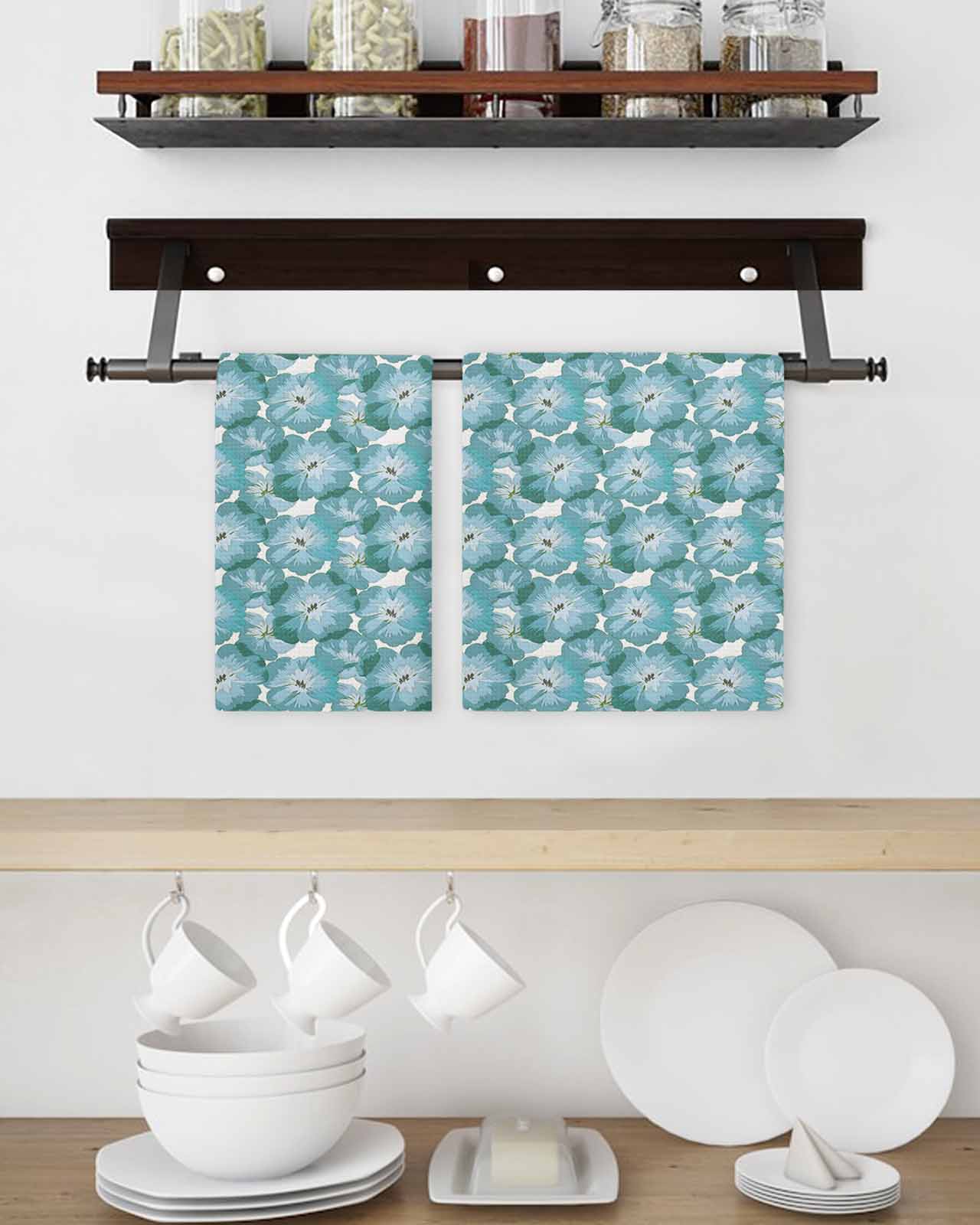Summer Turquoise Flower Kitchen Dish Towels for Drying Dishes Set of 2, Spring Floral Botanical Rustic Waffle Weave Microfiber Terry Hand Tea Bathroom Towels Quick Dry & Absorbent Towel 15.7x23.6