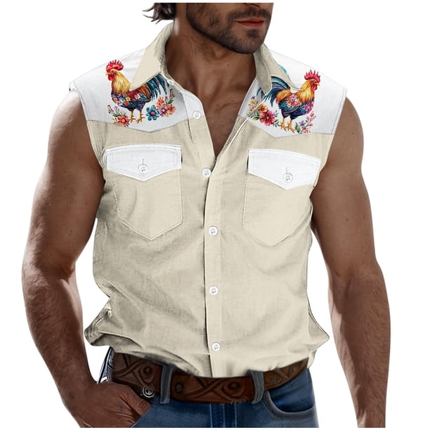 Camisas de Cuello para los Hombres de Moda Casual Imprimir Turndown Cuello sin Mangas Bolsillos Deportivos Tanque, Ligero Top de Verano