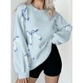 thumbnail image 3 of Womens Oversized Cute Bow- Tie Sweater Spring Cozy Chunky Ribbed Knit Crewneck Long Sleeve Pullover Tops Light Blue S, 3 of 8