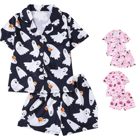 JAJAHO Halloween Girls Pajamas Button Front Top And Shorts Set Short Sleeve Kids 2 Piece Pj Set, Sizes 4-7T