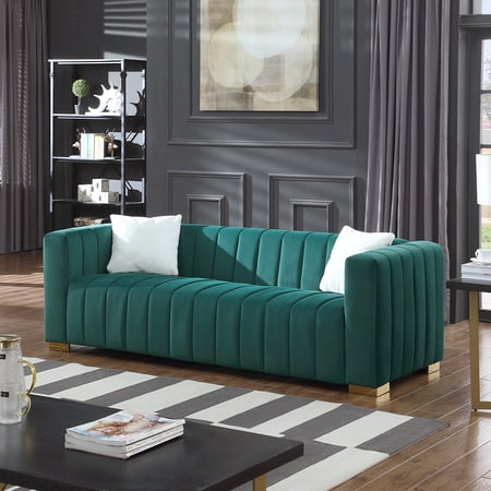 Chesterfield Velvet Deep Channel Tufting Sofa with Metal Legs - 87"Wx34"Dx28"H - Green