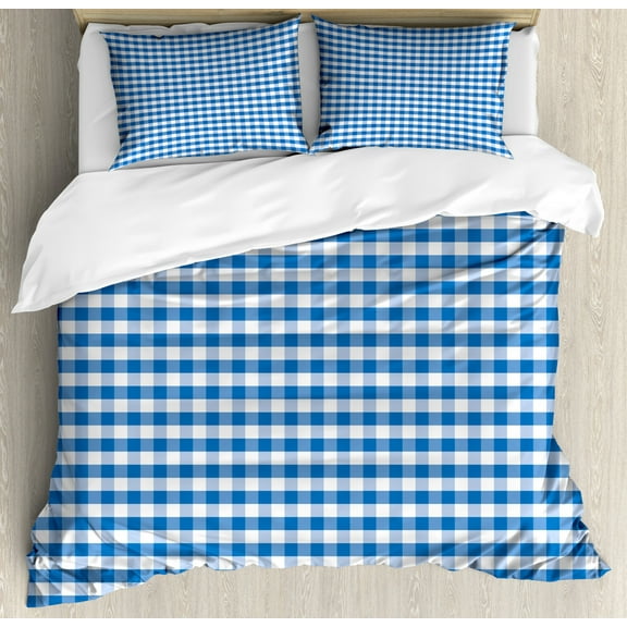 Checkered King Size Duvet Cover Set, Monochrome Gingham Checks Classical Country Culture Old Fashioned Grid Design, Decorative 3 Piece Bedding Set with 2 Pillow Shams, Blue White, by Ambesonne