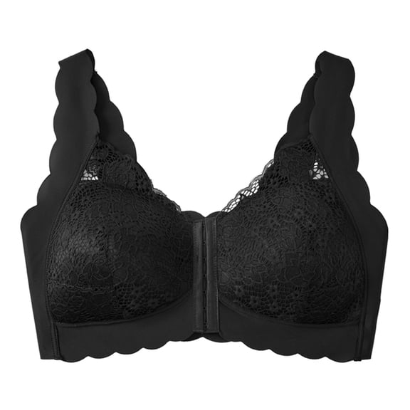 Riecok Womens Lace Front Closure Bras Plus Size Wireless Push Up Bralette Full Coverage Soft Everyday Bra Black S