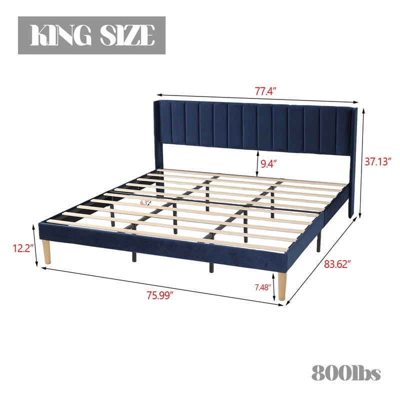 Pillfn Upholstered Platform King Size Bed Frame with Headboard Wooden Slats Support,Blue
