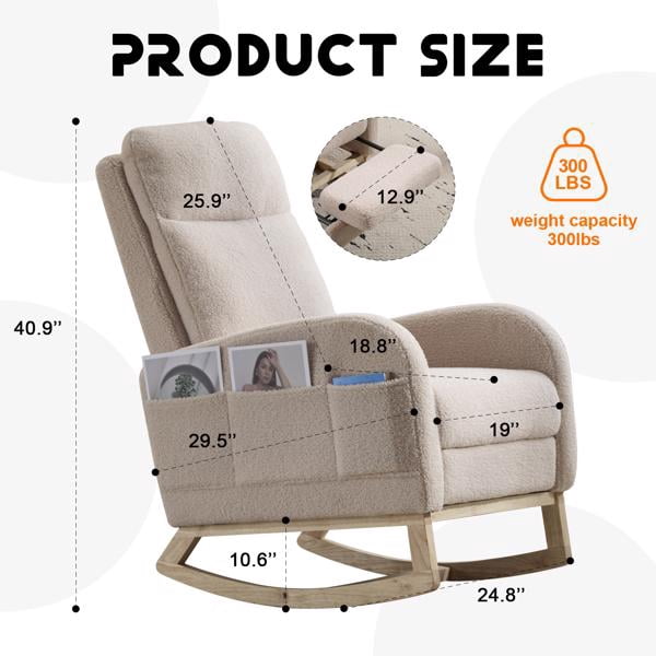 Modern Accent Rocking Chair Rocking Chair with Solid Wood Legs, Upholstered Nursery Glider Rocker, Comfy Armchair with Side Pocket, Living Room Lounge Arm Chair with High Backrest (Beige,teddy)
