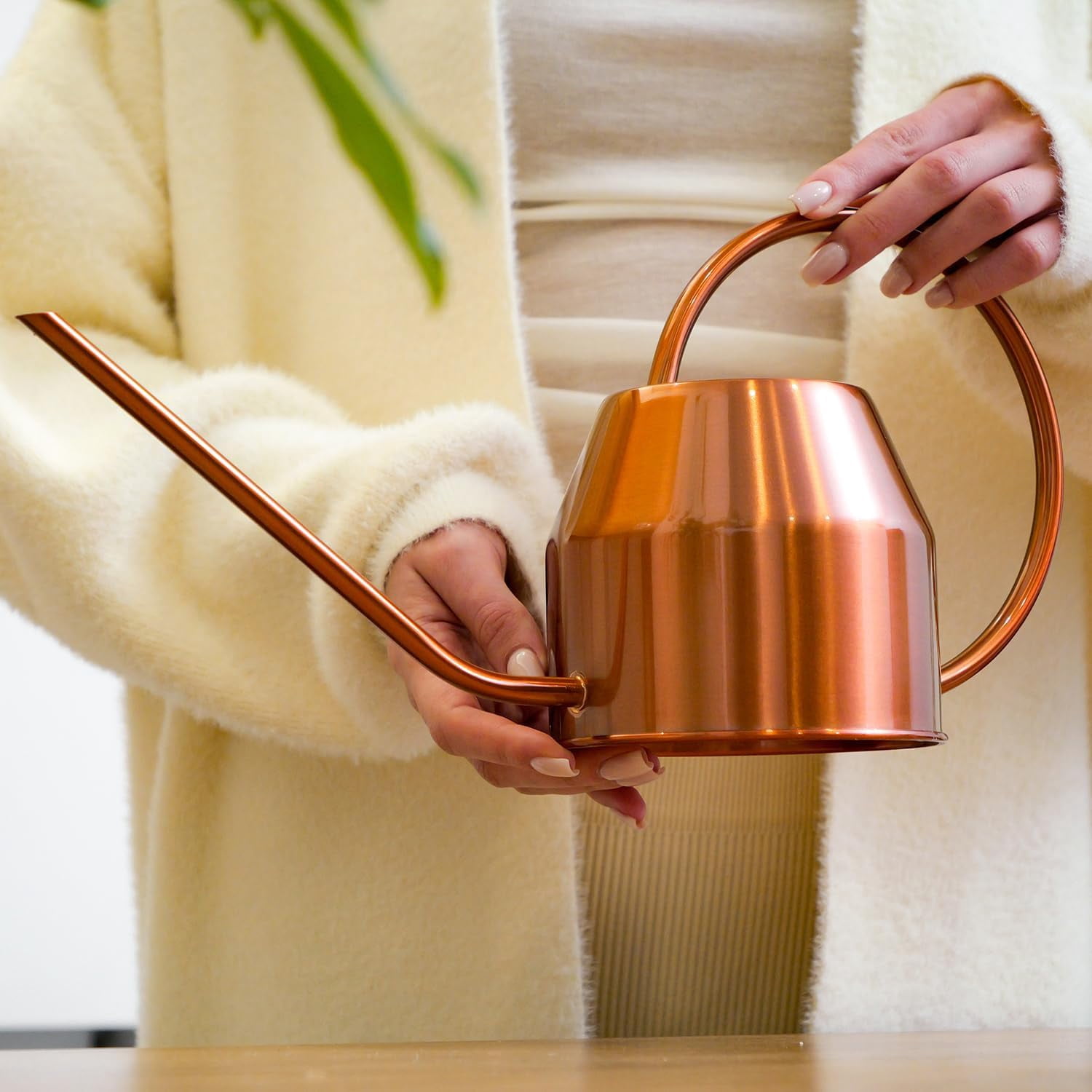 Plexon Rose Gold Metal Watering Can Indoor Plants 40 oz, Stainless Steel Long Spout Watering Can Outdoor House Plant Flower, Garden