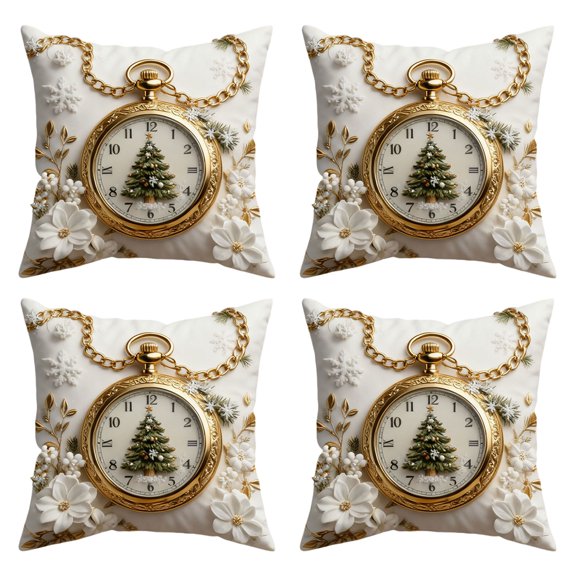 4PCS Christmas Throw Pillow Covers with Pocket Watch and Floral Tree Print Square Cushion Case for Sofa Bedroom Living Room Home