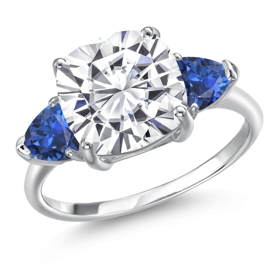 Gem Stone King 10K White Gold Moissanite and Blue Created Sapphire Engagement Ring for Women | 6.08 Cttw | Cushion 10MM | Gemstone Birthstone | Size 6