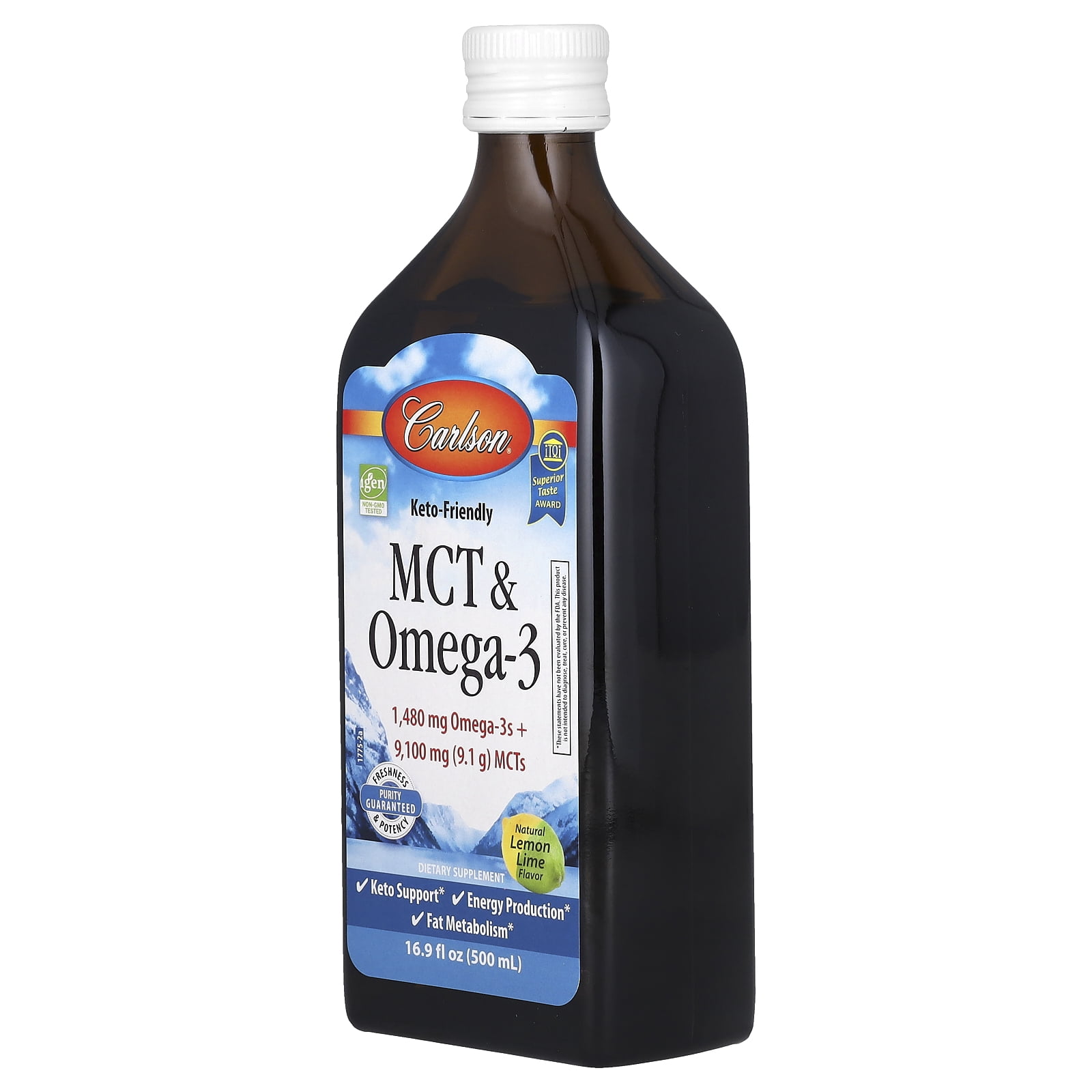 Carlson MCT & Omega-3, Keto Friendly, Natural Lemon Lime, 16.9 fl oz (500 ml)