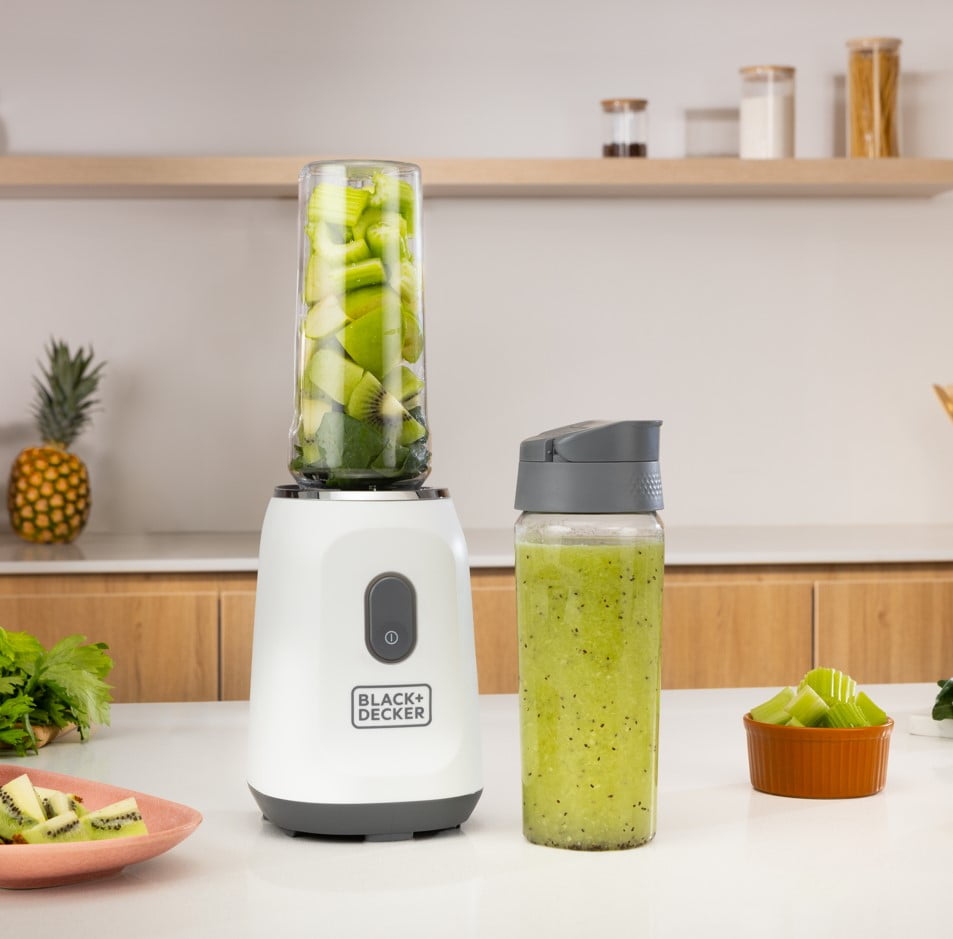 Open Box Black & Decker Single Serve Blender, two 20 Oz Dishwasher Safe Tritan Plastic Travel Jars, Spill-Resistant Travel Lids, 300 W, On/Off & Pulse Control Button, Stainless Steel Blade, White PB2209BDW