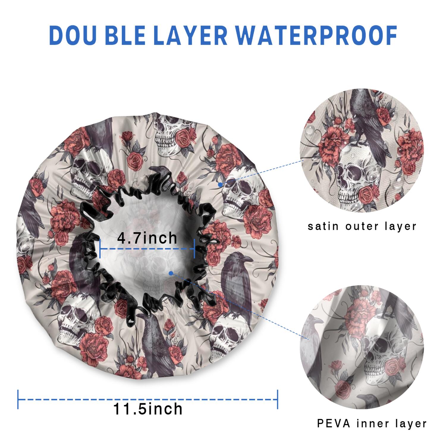 Shower Caps,Beige Skull Crow Flower Pattern Waterproof Shower Cap for Women 4 Pieces,Double Reusable Hair Cover for Shower PEVA Elastic Stretch Hem