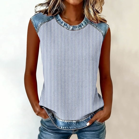 Sheghy Cotton Tank Top Women 100%Cotton Crew Neck Sleeveless Blouse, Waffle Knit Denim Print Patchwork Tank Light Blue S
