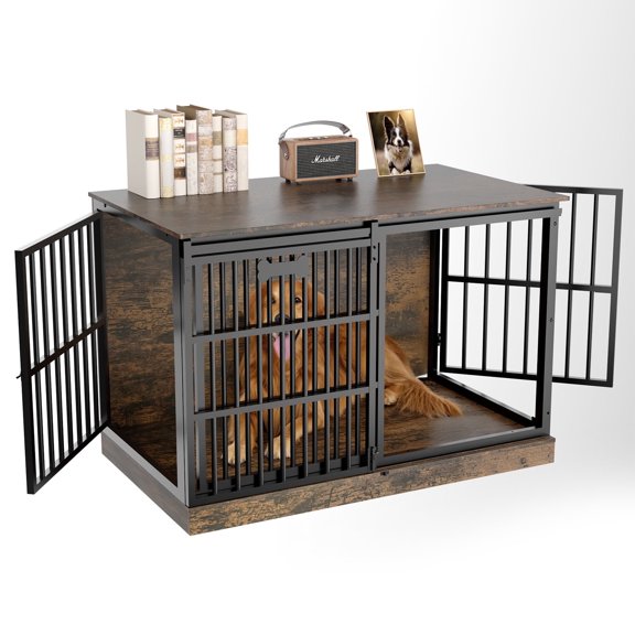 Dextrus Dog Crate Furniture with Sliding Doors, 55.1 In Large Wooden ... - Dog Crate And Bathtub With Easy-Access Door