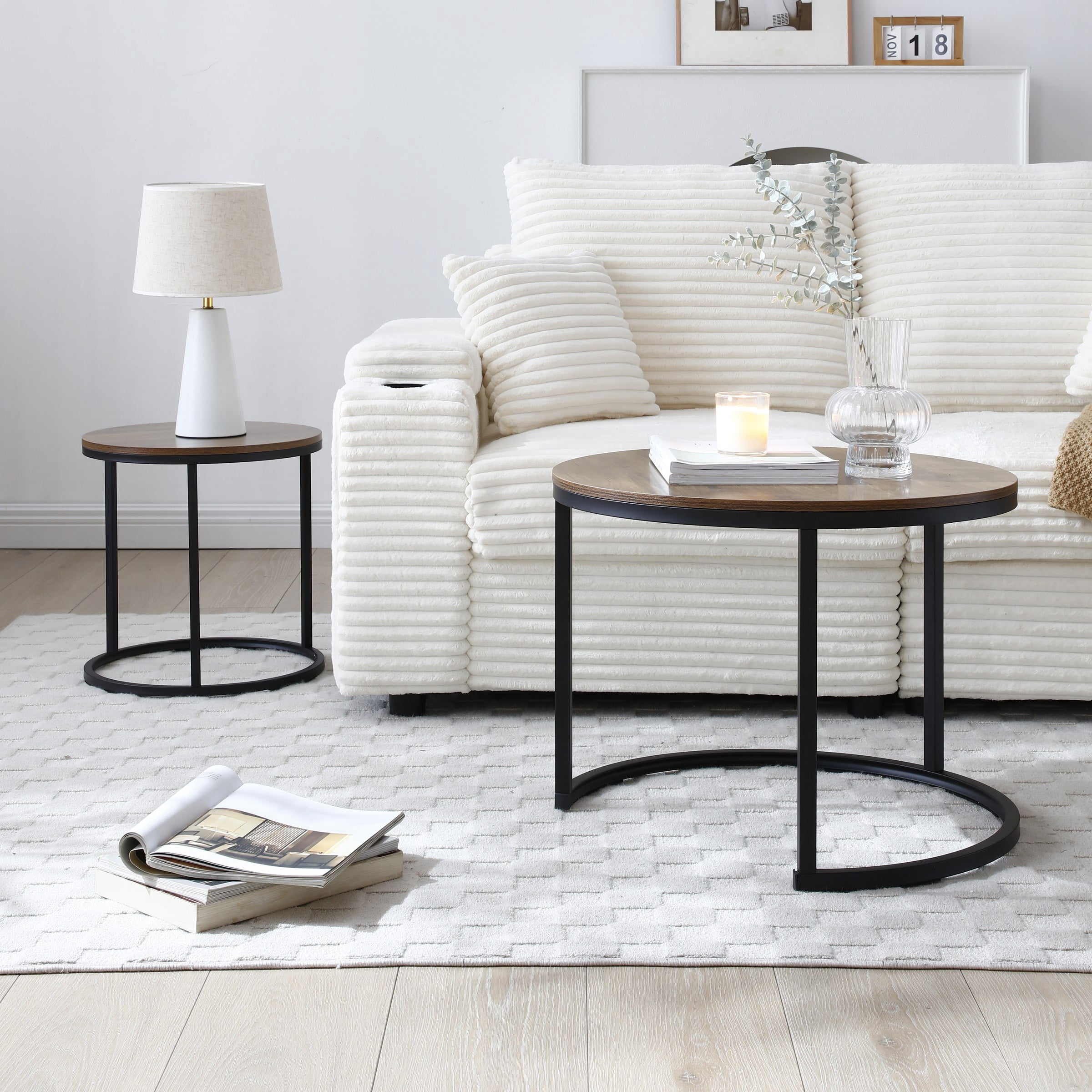 Set of 2 Coffee Table Nesting Side Round End Table Top Sturdy Metal Frame Desk Centerpiece Living Room Bedroom Apartment Modern Industrial Simple Nightstand