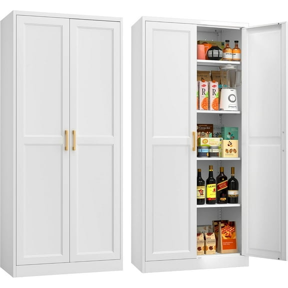 71" Tall Metal Storage Cabinet, Kitchen Pantry Storage Cabinets with Doors and 4 Shelves, White Pantry Cabinet, Utility Storage Cupboard, Large Steel Cabinets for Dining Room, Kitchen, Living Room