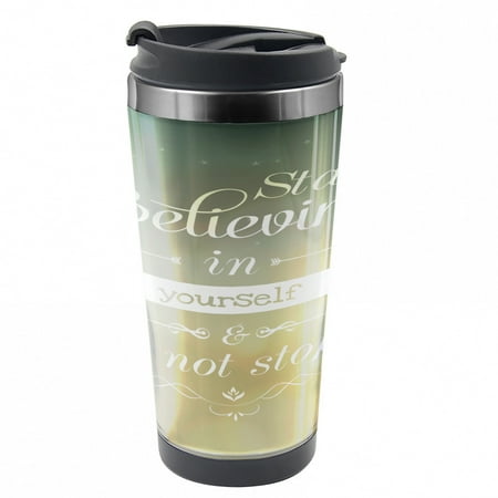 

Saying Travel Mug Yellow Letters Steel Thermal Cup 16 oz by Ambesonne