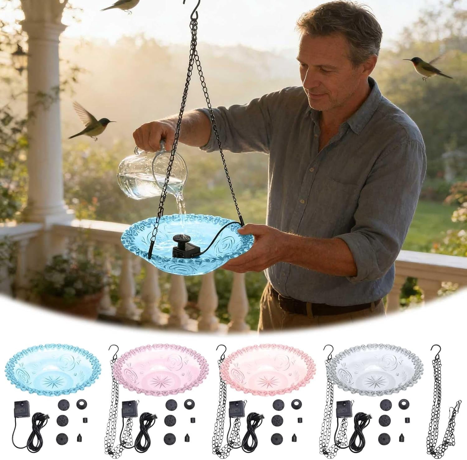 Solar Hanging Bird Bath with Fountain Pump, 12-inch Colorful Glass Birdbath Bowl with Metal Chains for Outdoor Garden, Backyard & Patio Decor (K)