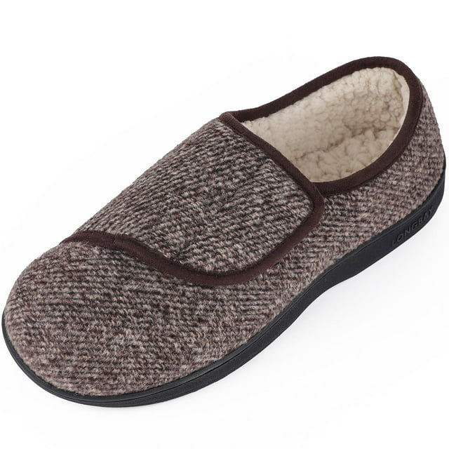 LongBay Men's Woolen Adjustable Memory Foam Slippers Cozy Plush Fleece Non Slip Diabetic Arthritis Edema Swollen House Shoes