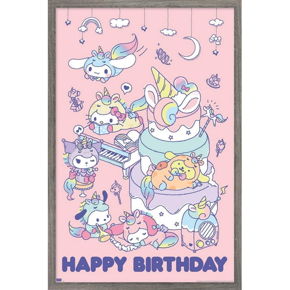 Hello Kitty and Friends - Happy Birthday Wall Poster, 22.375" x 34" Framed