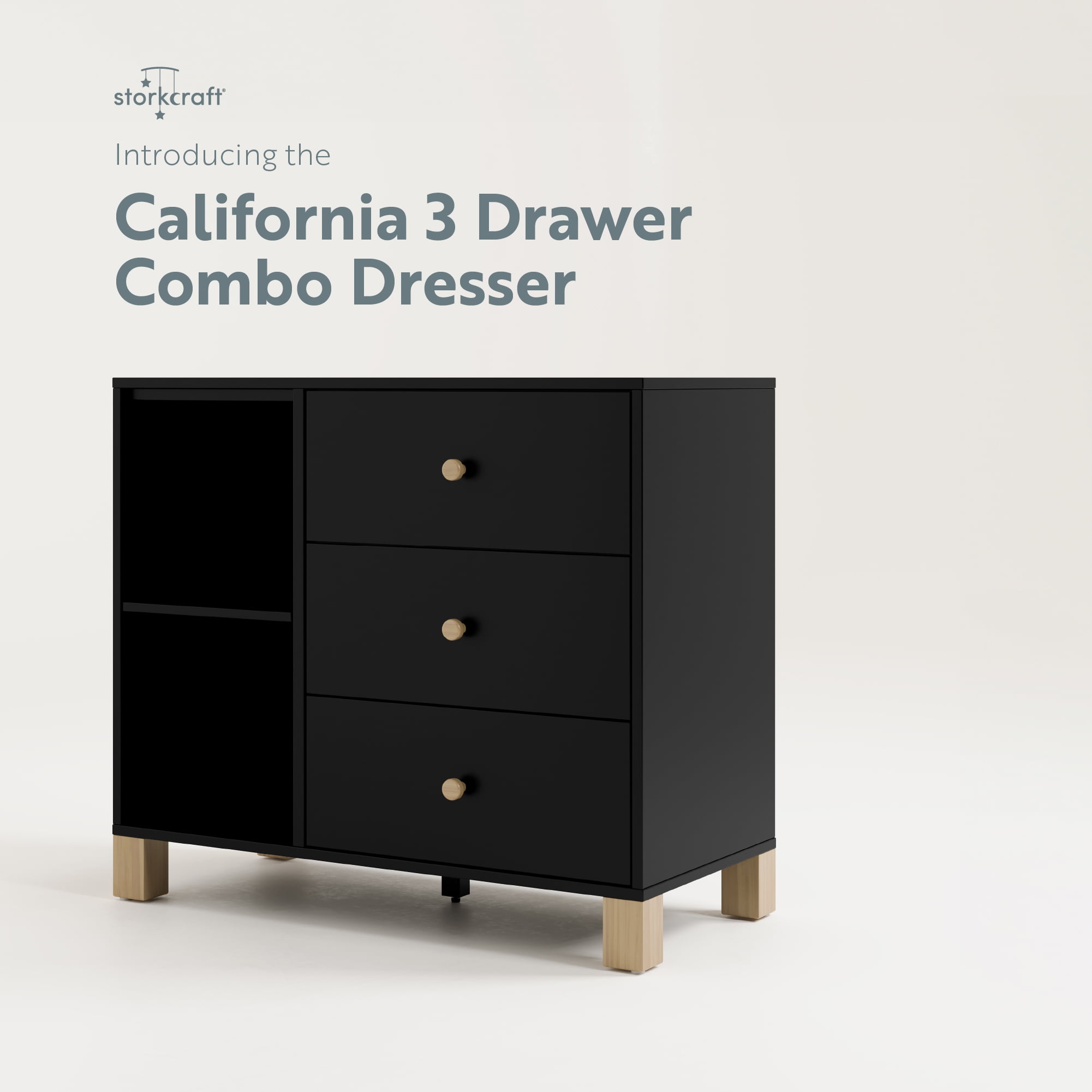 Storkcraft California 3 Drawer Nursery Combo Dresser, Black with Driftwood