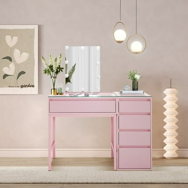 BarberPub Vanity Desk with Mirror&LED Lights, Glass Top Makeup Dressing Table with Drawers(Pink)