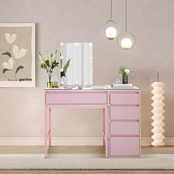 BarberPub Vanity Desk with Mirror&LED Lights, Glass Top Makeup Dressing Table with Drawers(Pink)
