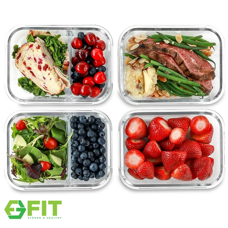 FIT Strong & Healthy 2 & 3 Compartment Glass Meal Prep Containers (4 Pack,  32 oz) - Glass Food Storage Containers with Lids, Glass Bento Box, Portion