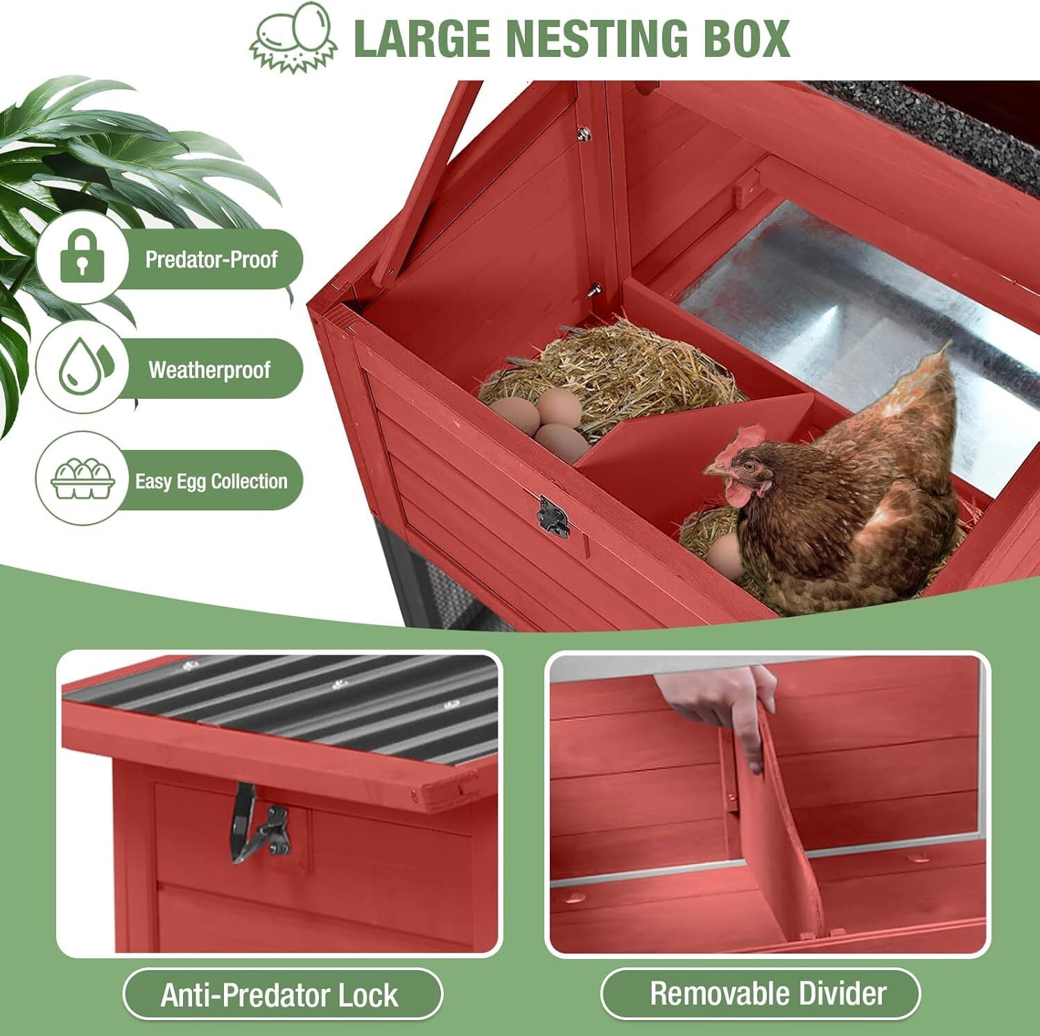Aivituvin Mobile Chicken Coop with Wheels for 4-6 Chickens, Large Outdoor Hen House with Run, Weatherproof Roof, Sectionable Nesting Box, Pull-Out Tray, 83.3" L x 26" W x 42" H - Red